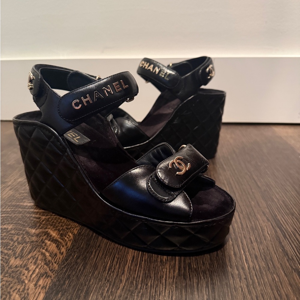 CHANEL Black Quilted Wedge Sandals